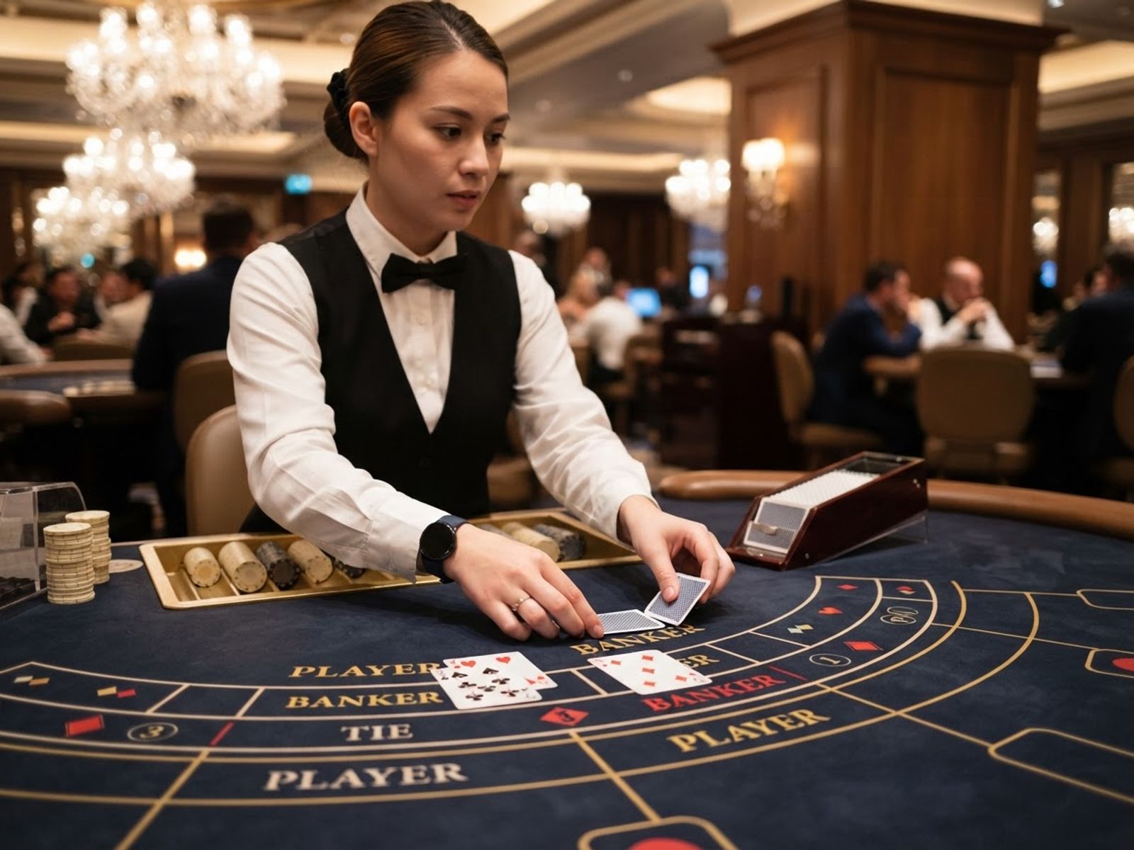 Mesa de baccarat con cartas repartidas