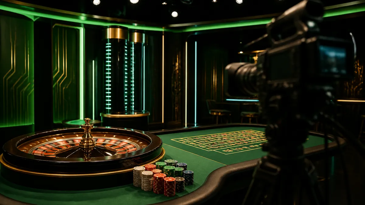Estudio de casino en vivo con ruleta, fichas y una cámara de retransmisión
