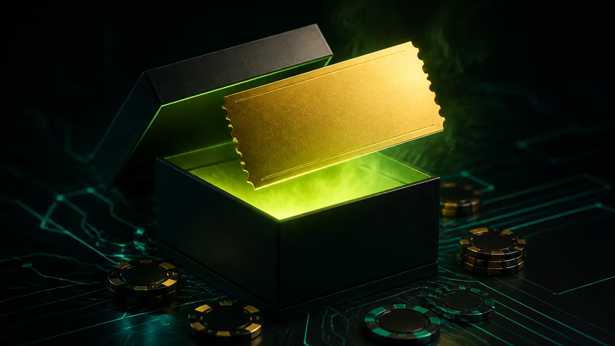 Caja de regalo oscura entreabierta con un billete dorado en blanco y luz verde