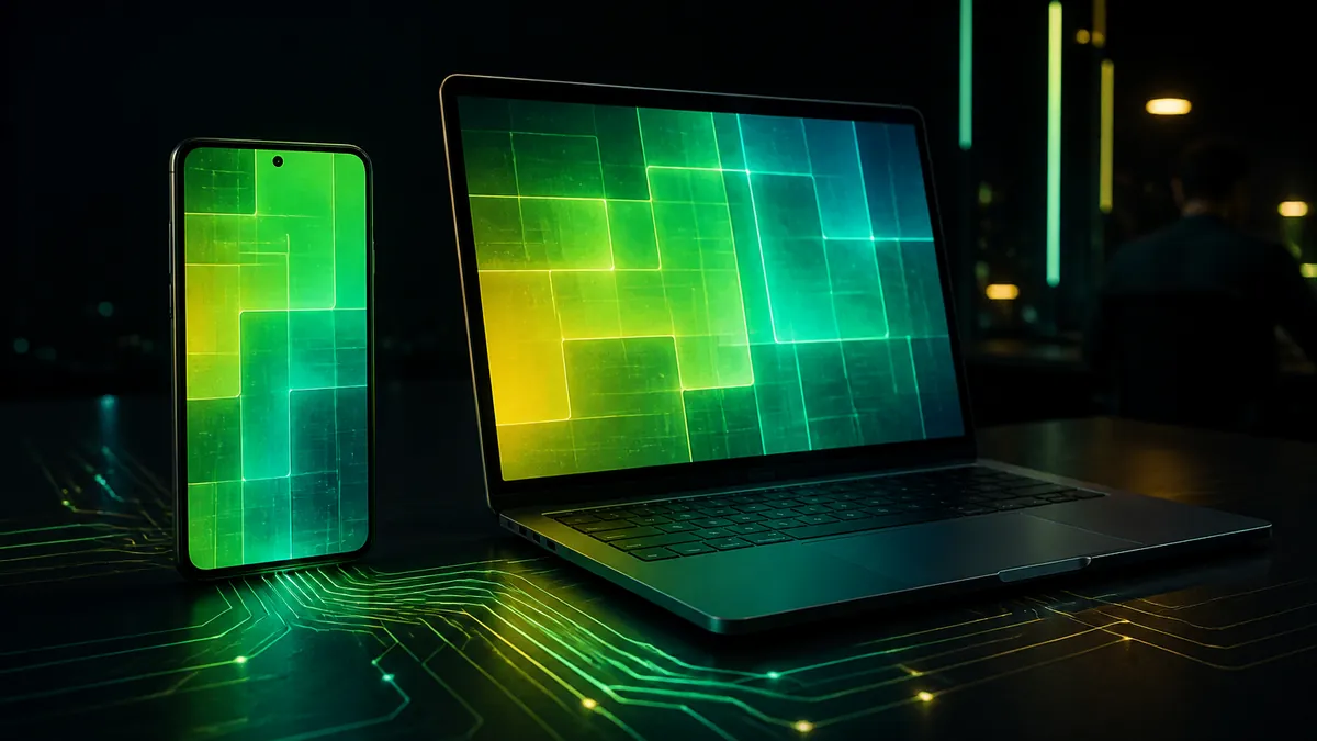Móvil y portátil con pantallas de mosaicos verdes conectados por trazos de luz sobre una mesa