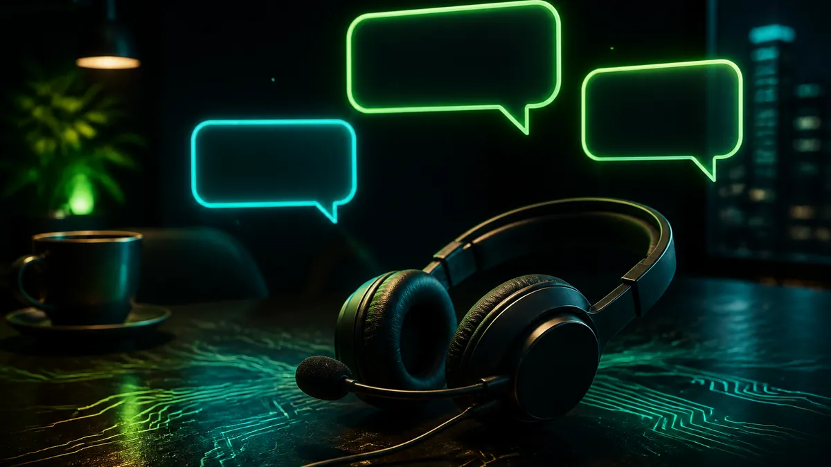 Auriculares con micrófono sobre una mesa oscura bajo bocadillos de luz verde y turquesa