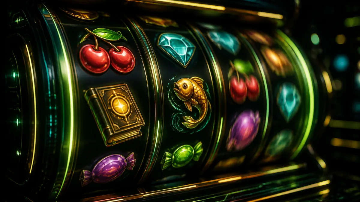 Rodillos de una tragaperras con cerezas, gemas, caramelos, un libro dorado y un pez bajo luces verdes